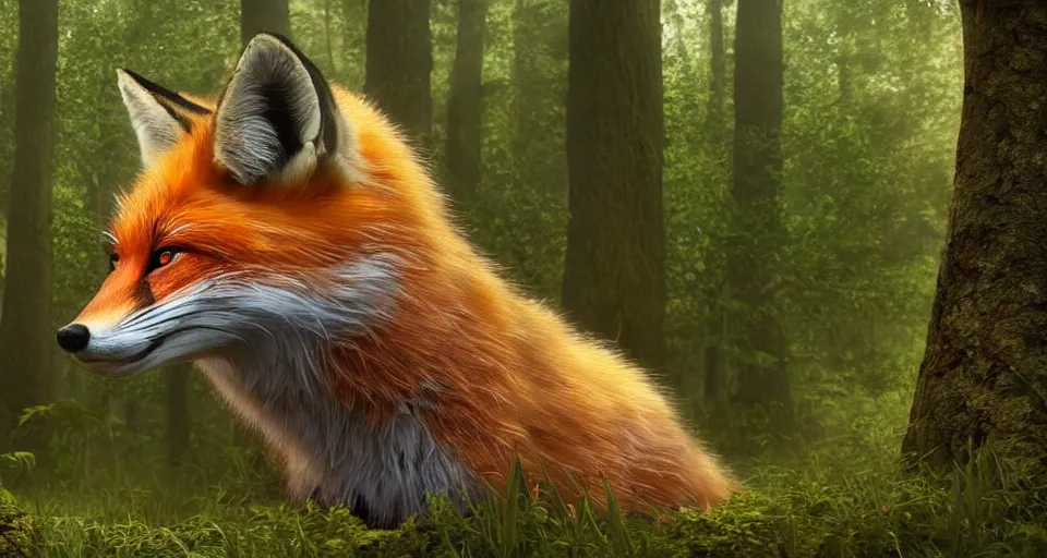 Image similar to A beautiful hyper realistic ultra detailed lifelike matte painting of a fox in a forest, unreal engine, deviantart, flickr, artstation, octane render, textured, colorful, extreme realistic detail, physically based rendering, pbr render, very detailed, volumetric lighting, detailed lighting, octane render, 4k, cinematic lighting, 8k resolution