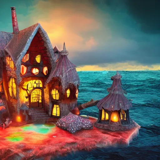 Image similar to a witches house made out of candy on the ocean, epic scene, fantasy, redshift render, cgi, hyper - detailed, photo - bash, 8 k post - production, masterpiece