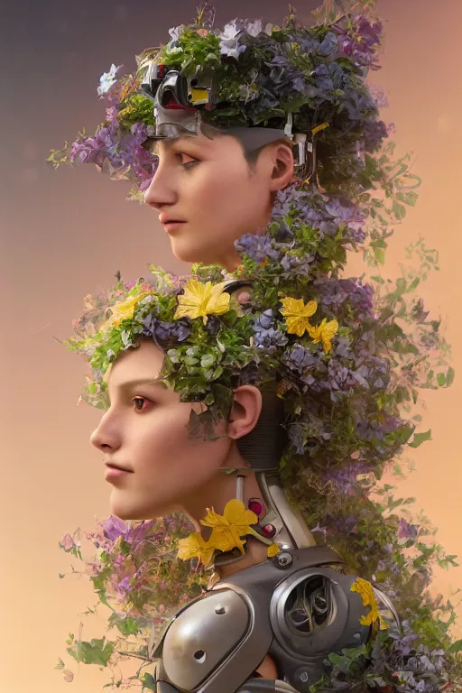 Prompt: a beautiful fine art RPG portrait photo of a robot female cyborg, spread out wavy hair covered by hibiscus, daffodils, hydrangea, montsera leaves by tom bagshaw, golden ratio composition, soft studio lighting, soft vignette, 50mm lens, very detailed, bionic, cybernetic scifi, deep depth of field, artstation, 8K