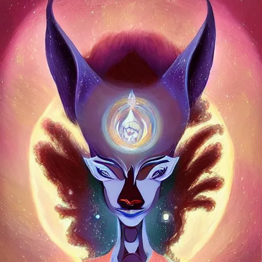 Image similar to a stylized realistic painting of an avatar of an awesome cosmic powerful luxurious foxfolk mage themed around death and the cosmos, in the style of dnd beyond avatar portraits, beautiful, artistic, elegant, lens flare, magical, lens flare, nature, realism, stylized, art by jeff easley and genndy tartakovsky and hayao miyazaki