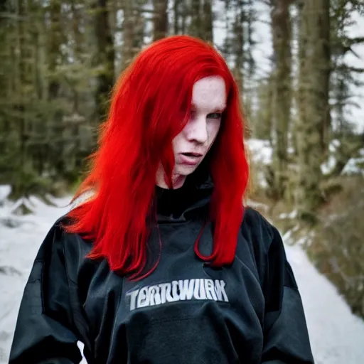 Image similar to beautiful red haired woman in techwear, warcore look and clothes, ACG, ACRNYM, Rick Owens, trending on r/streetwear, outfit photo