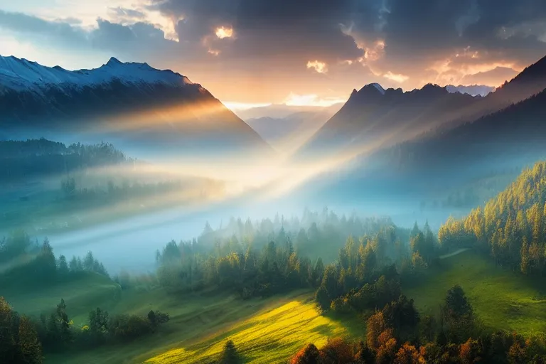 Image similar to landscape photography of romania by marc adamus, morning, mist, rays of light, beautiful