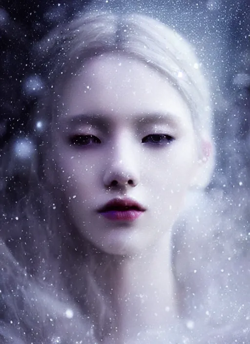 Prompt: a beautiful majestic white queen with snowflakes on her hair, glowing light orbs, intricate concept art, elegant, digital painting, smooth, sharp focus, misty, deep colors, illuminated lines, outrun, vaporware, dark background, cyberpunk darksynth, ethereal, ominous, misty, 8 k, rendered in octane, by ruan jia and miho hirano and jeremy mann