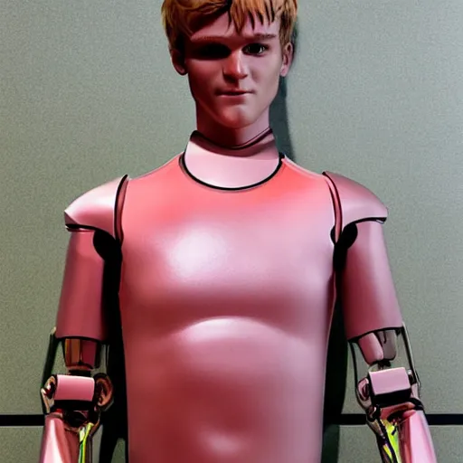 Image similar to a realistic detailed photo of a guy who is an attractive humanoid who is half robot and half humanoid, who is a male android, soccer player martin ødegaard, shiny skin, posing like a statue, blank stare, by the pool, on display, showing off his muscles, humanoid robot, frozen ice statue