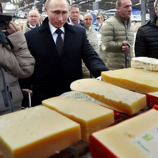 Image similar to close up of vladimir putin visiting a cheese market