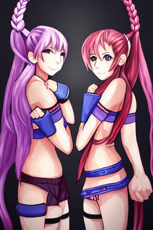 Image similar to two beautiful female fighters with pigtails facing each other, detailed anime art