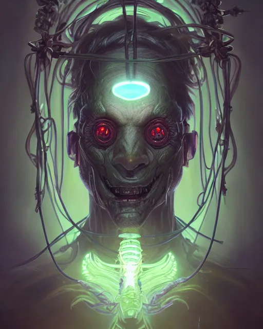 Prompt: portrait of a cute monster, male, bioluminescent, wires, horror, expressive, highly detailed, digital painting, cinematic, hyperrealism, dark retrowave, art by stanley lau and artgerm and magali villeneuve and alphonse mucha, artstation, octane render, cgsociety
