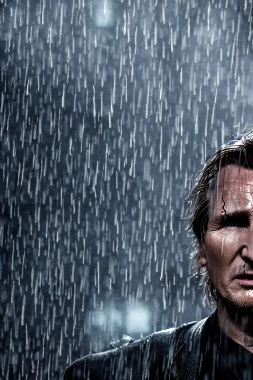 Image similar to cinematic of liam neeson batman, dramatic rain, 8 k, moody lighting