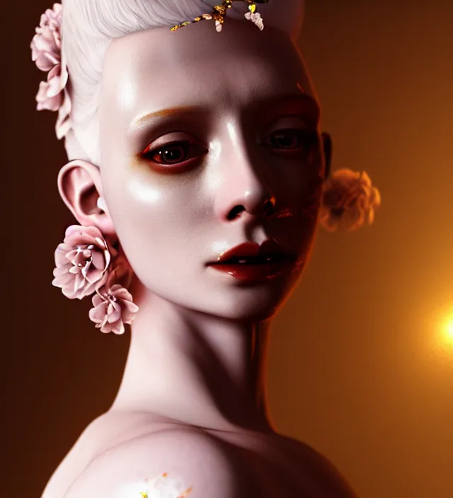 Prompt: baroque portrait of a blonde princess of porceline skin, floral tattoos, cinematic lighting, photorealistic, octane render, 8 k, depth of field, art by francis bacon