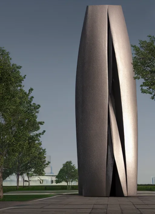 Image similar to highly detailed architecture render of a huge futuristic metallic stele sculpture standing in city park, archdaily, made in unreal engine 4