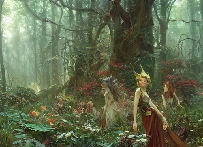 Image similar to an image of a beautiful mythical fantasy forest filled with dancing elves and fairies, by Stanley Artgerm Lau , greg rutkowski, thomas kindkade, alphonse mucha, loish, norman Rockwell