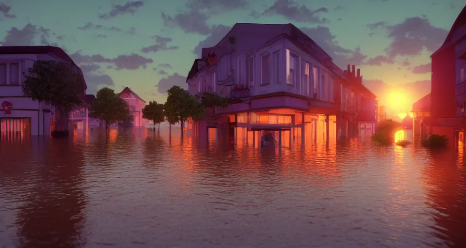 Prompt: a poignant 80s vaporwave outrun 3d Render of a german town being flooded at dusk, soft lighting, hazy atmosphere, retro, nostalgic melancholy, grainy, noisy