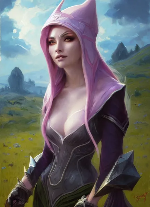 Prompt: portrait of mage Syndra from League of Legends practicing wild magic, countryside, calm, fantasy character portrait, dynamic pose, above view, sunny day, thunder clouds in the sky, artwork by Jeremy Lipkin and Giuseppe Dangelico Pino and Michael Garmash and Rob Rey, very coherent asymmetrical artwork, sharp edges, perfect face, simple form, 100mm