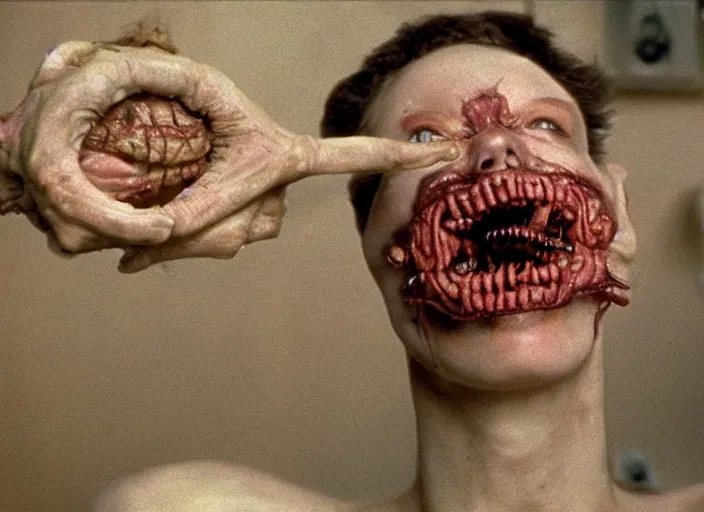 Prompt: disturbing 1 9 8 0 photography of a teratoma with crooked teeth horror film practical fx directed by david cronenberg and ridley scott