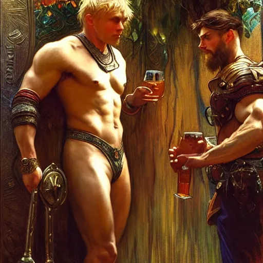 Image similar to attractive muscular arthur pendragon and muscular attractive merlin go to a pub together to have some drinks. highly detailed painting by gaston bussiere, craig mullins, j. c. leyendecker, alphonse mucha 8 k