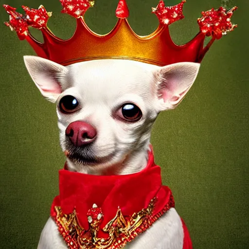 Image similar to white chihuahua king wearing a red and gold crown cinematic composition, digital art, cute