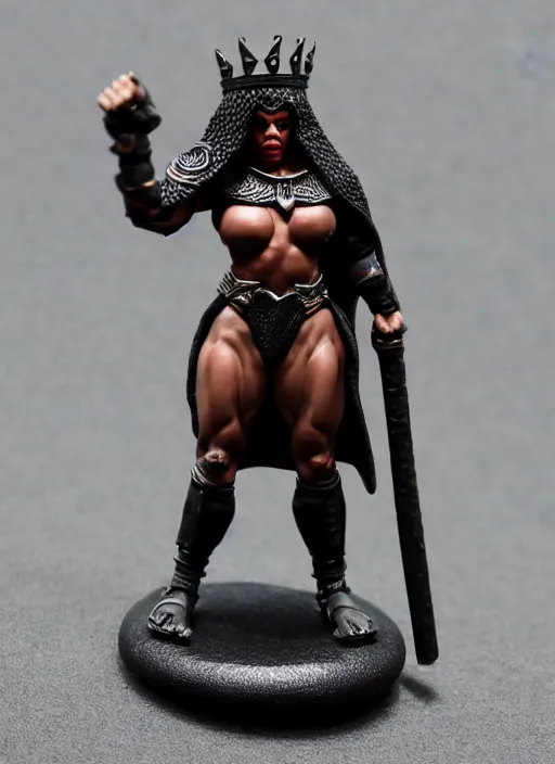 Image similar to 80mm resin detailed miniature of a Very Muscular Queen, angry, black skin, long cloak, bikini-armor, iron crown, Shaved Skinhead, on textured disc base, Company logo in upper left corner; Miniature product Photo, 4K, Full body