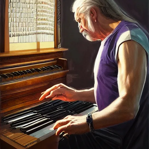 Image similar to a portrait of jon lord of deep purple playing his organ, urban motifs, intricate, elegant, highly detailed, digital painting, trending on artstation, concept art, smooth sharp focus, illustration, art by artgerm and greg rutkowski