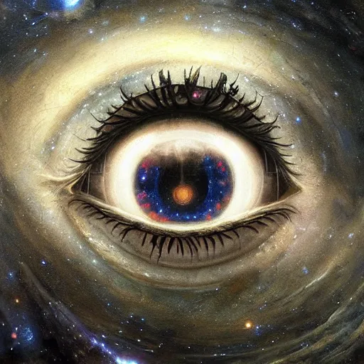 Image similar to low angle shot of a eye with the galaxy in the iris by clive barker, intricate, elegant, highly detailed, centered, digital painting, artstation, concept art, smooth, sharp focus, illustration, artgerm, Tomasz Alen Kopera, Peter Mohrbacher donato giancola, Joseph Christian Leyendecker, WLOP, Boris Vallejo.