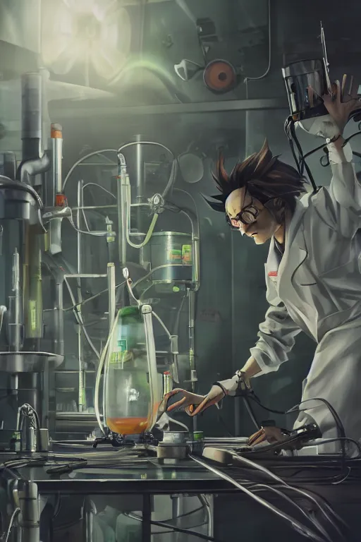 Image similar to a mad scientist mixing dangerous radioactive chemicals on a laboratory, wlop, trending on artstation, deviantart, anime key visual, official media, professional art, 8 k uhd