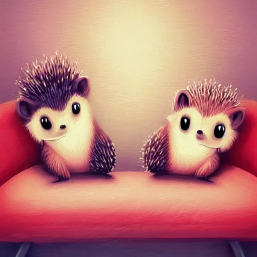 Image similar to two cute adorable hedgehogs, sitting together on a couch, romantic, shy hedgehog, blushing, waving, smiling, cute, hedgehog, by cyril rolando