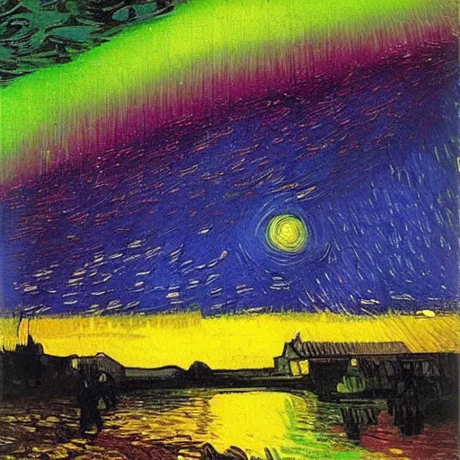 Prompt: bright colourful aurora painting by van gogh