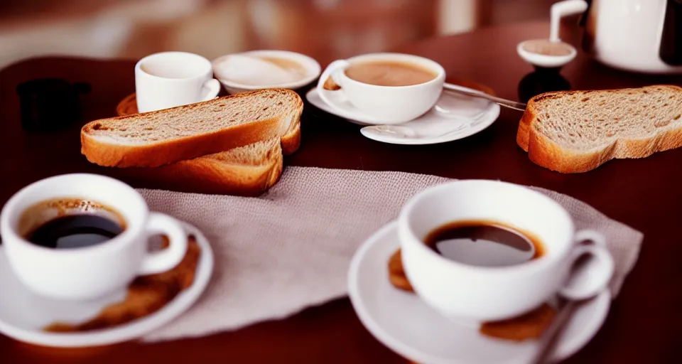 Prompt: coffee and buttered toast on a table in a japanese kissaten, classic vibes, shot on cinestill 5 0 d with a 3 5 mm lens aperture f / 1. 8, dynamic composition, high camera angle, close up, full frame, full res, pinpoint sharp focus, hyper realistic