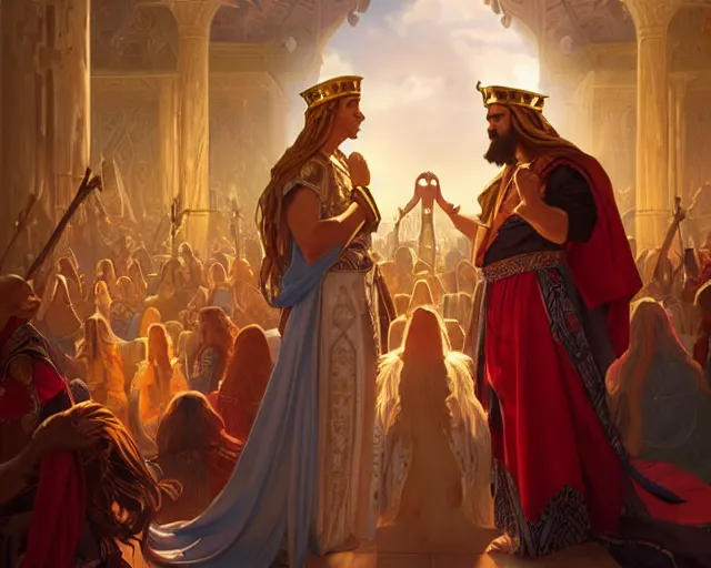 Image similar to king solomon of israel with his 7 0 0 beautiful wives, photography of kurzgesagt, deep focus, d & d, fantasy, intricate, elegant, highly detailed, digital painting, artstation, concept art, matte, sharp focus, illustration, hearthstone, art by artgerm and greg rutkowski and alphonse mucha