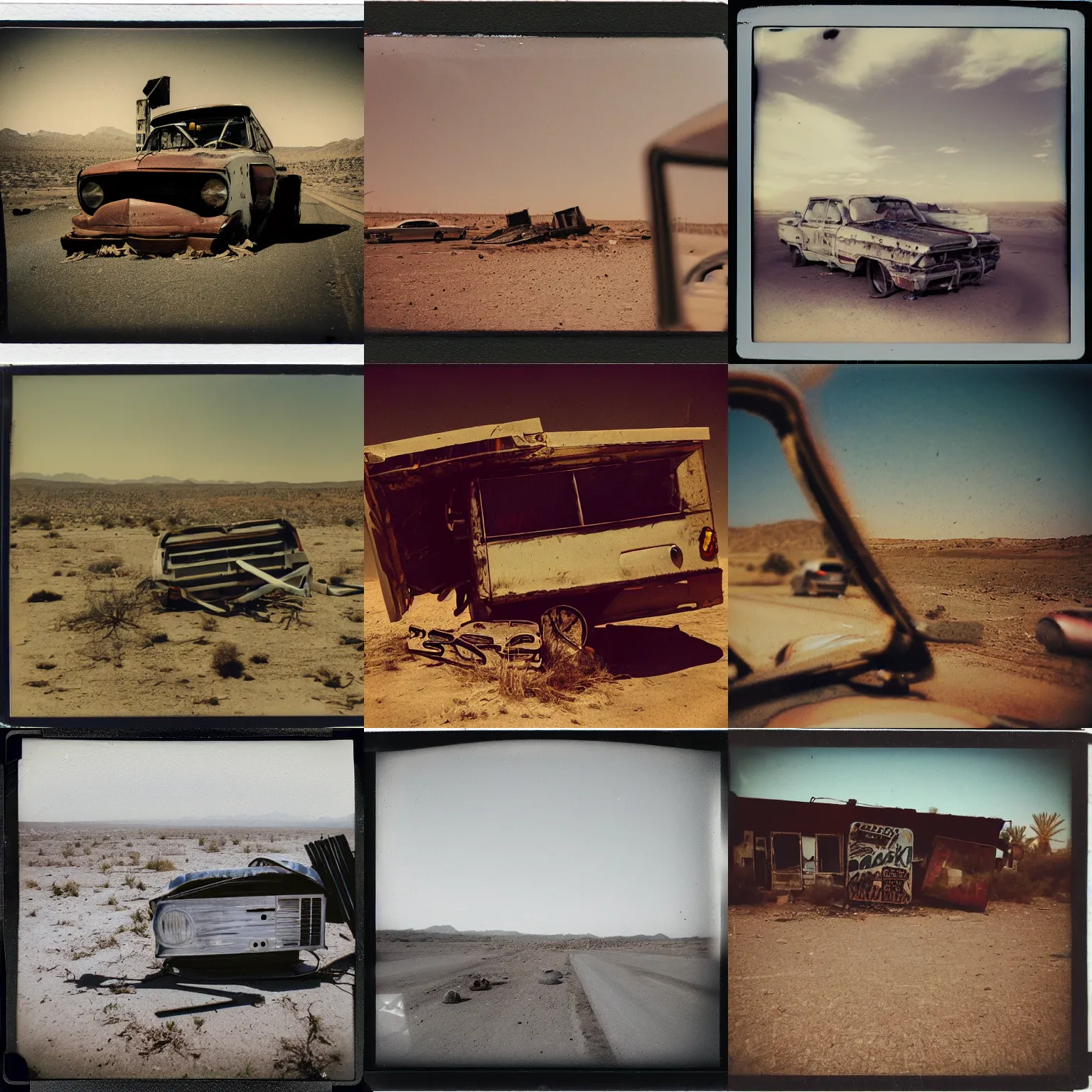 Prompt: polaroid photograph, travel photography, driving past an abandoned bar made of scrap metal and scrap wood in the desert of an alien world, motion blur