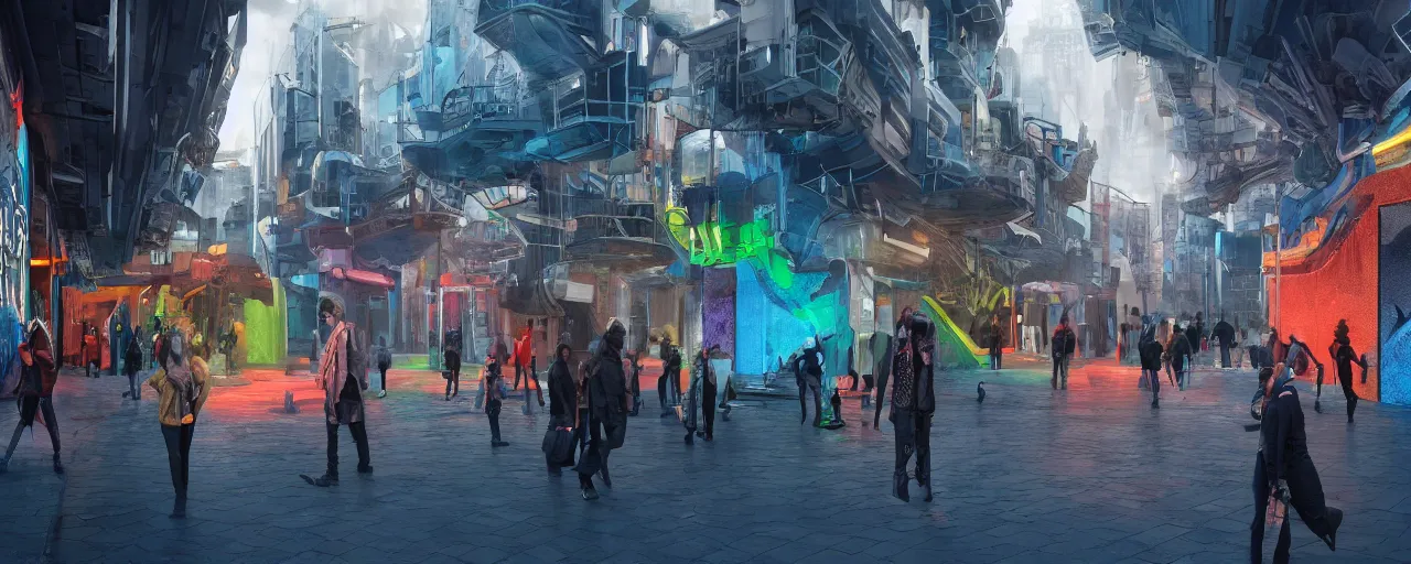 Image similar to A colorful science fiction neigbourhood, in the future. The walls change colour and shape depending on the clothing of the people walking in front of them, epic lighting, 8K, volumetric light, lightrays, 35mm, urban, hyperrealistic, insanely detailed, atmospheric