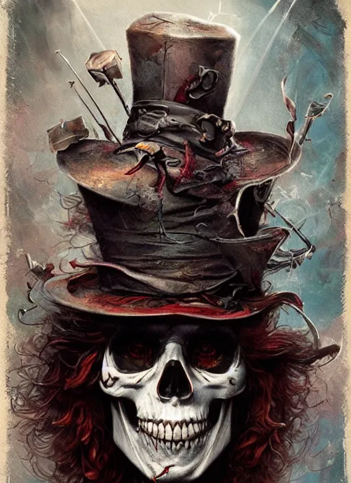 Prompt: mad hatter the magician tarot card, highly detailed, half skull face, cinematic, 8 k, by stanley artgermm, tom bagshaw, greg rutkowski, carne griffiths, ayami kojima, beksinski, giger, trending on deviantart, hyper detailed, horror, full of colour