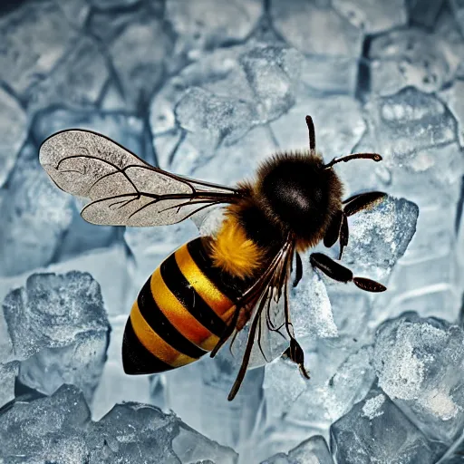 Prompt: a bee and an flower fossilized in ice, ambient light