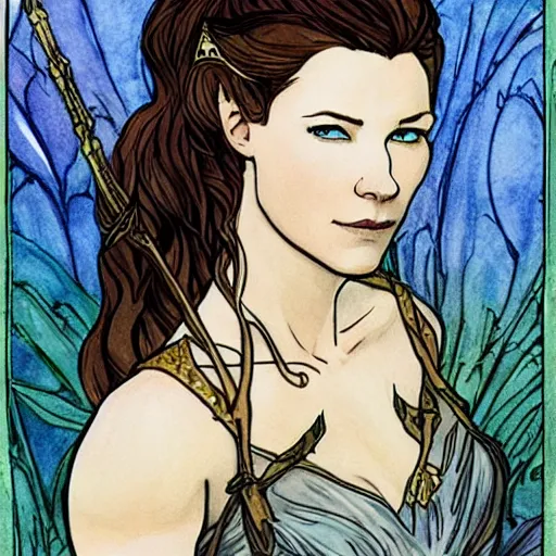 Prompt: evangeline lilly as tauriel, mucha style,