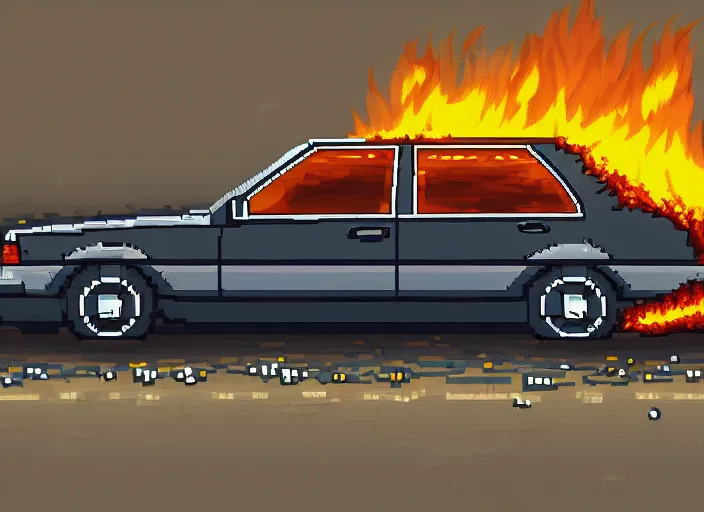 Image similar to burning wrecked mercedes 1 2 4, pixelart by kirokaze, award winning. dramatic. trending on artstation. 8 k