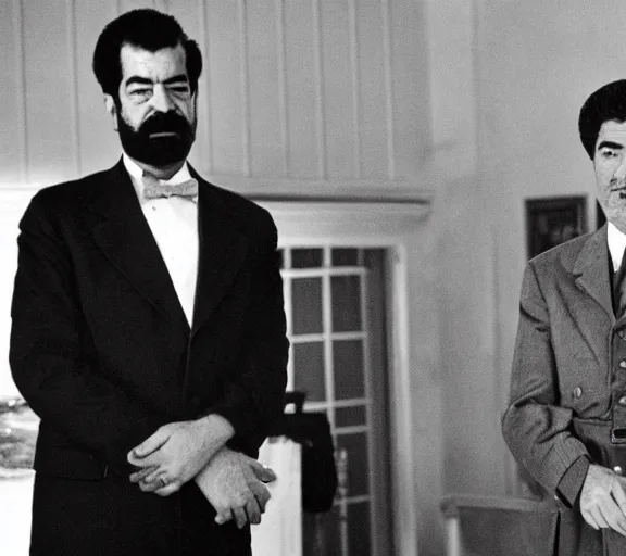 Prompt: Saddam Hussein and Bill Clinton in The Lighthouse. Directed by Robert Eggers, black and white on grainy film, expressionist horror