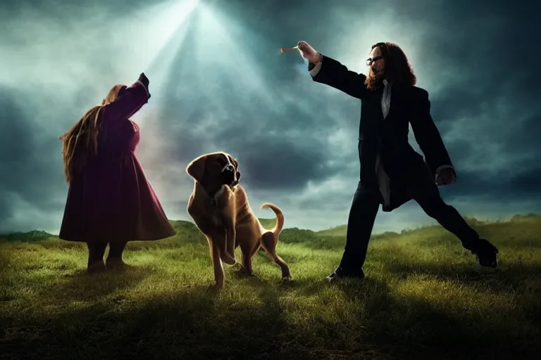 Prompt: puppy wizard casting a magic spell on an evil witch, majestic pose, dramatic lighting, cinematic scene