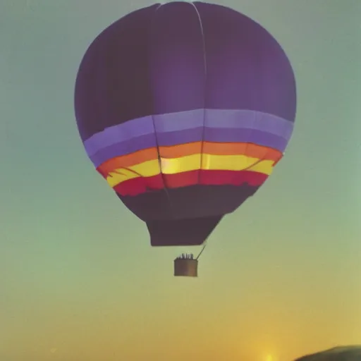 Prompt: a futuristic hot air balloon floats over a beach at violet and yellow sunset, whimsical and psychedelic art style, polaroid photo, grainy, colorful, expired film