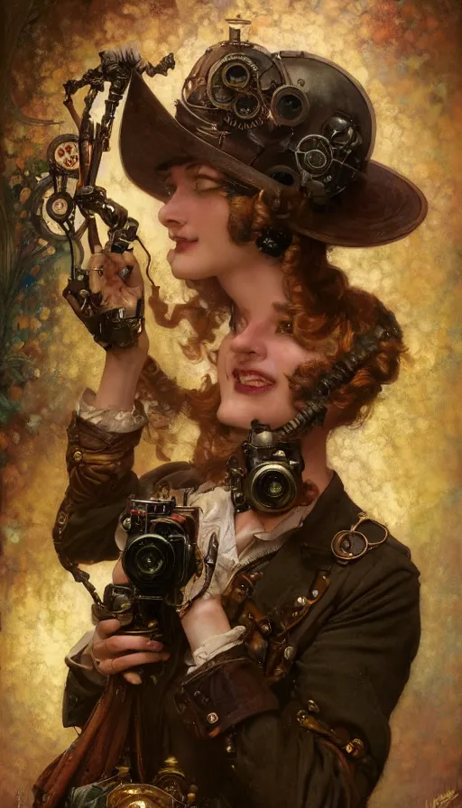 Image similar to hyper realistic photographer looking through camera, magical, steampunk, painted by norman rockwell, tom bagshaw, mucha, gaston bussiere, craig mullins, j. c. leyendecker 8 k