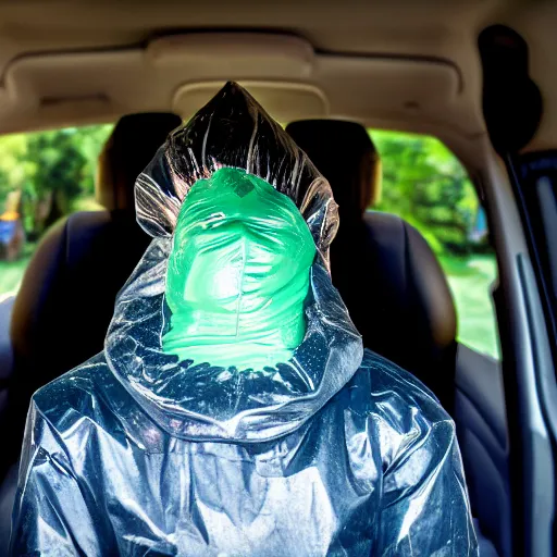 Image similar to stinking garbage bag with human face oozing goop inside car, wide angle, specular highlights, fetid atmosphere