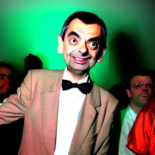 Prompt: mr. bean on a rave, club photography
