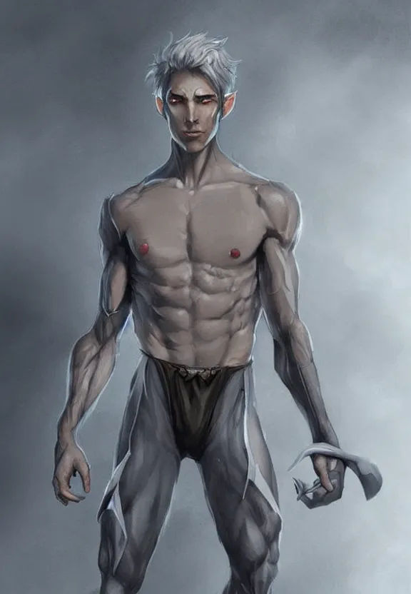 Prompt: a cute calm handsome young adult male muscular slim blu skin elf with grey light tight clothes concept art in the style of lee bermejo and greg rutkowski