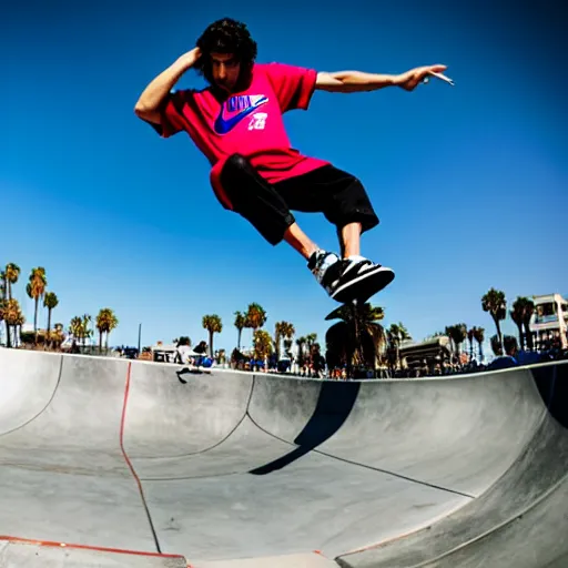 Image similar to skater wearing nike sb dunks doing a kickflip at the venice beach skatepark