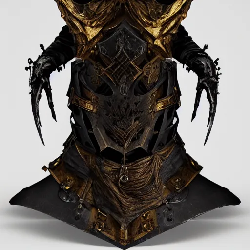 Image similar to dark priest, wearing carved latex armour and transparent black veil, the nine rings of hell, subtle dark gold accents, frontal view, black rococo, emil melmoth, zdzislaw belsinki, craig mullins, artstation