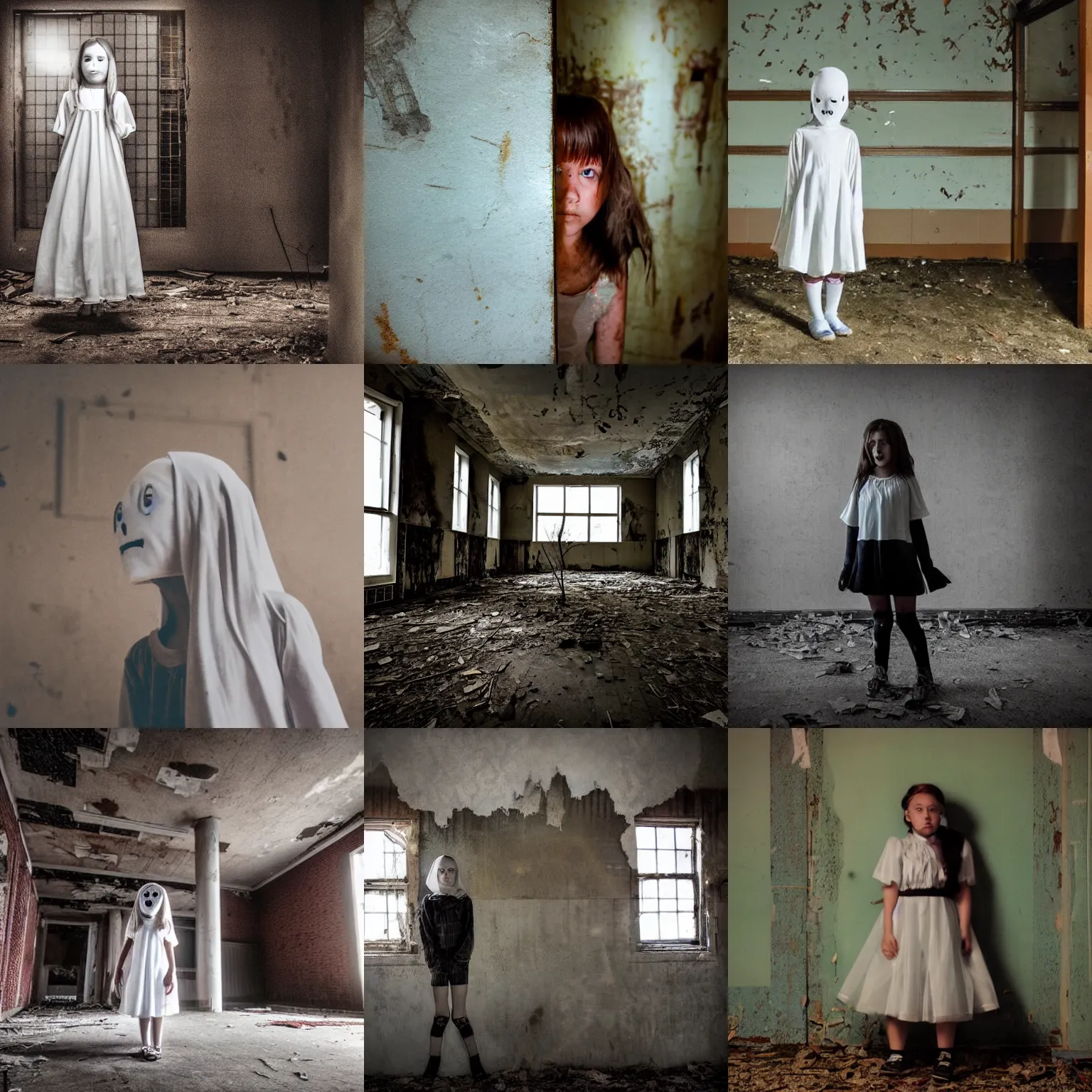 Prompt: photograph of a ghost girl in an abandoned school, ghost, scary, spooky ghost, ghosts