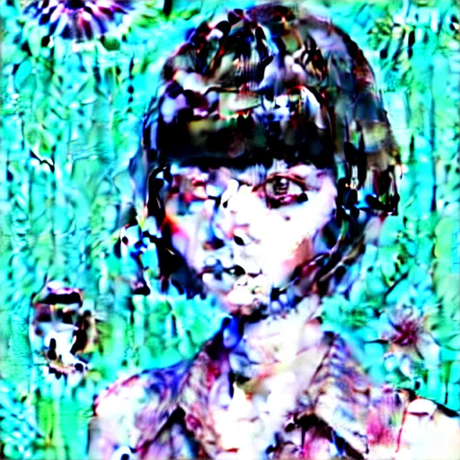 Image similar to amazingly detailed art illustration of a beautiful young morbid woman, wearing a tie-dye shirt, short shorts, with short hair with bangs, she is under the effect of psychosis and euphoria, by Range Murata, Katsuhiro Otomo, Yoshitaka Amano, and Artgerm. 3D shadowing effect, 8K resolution.