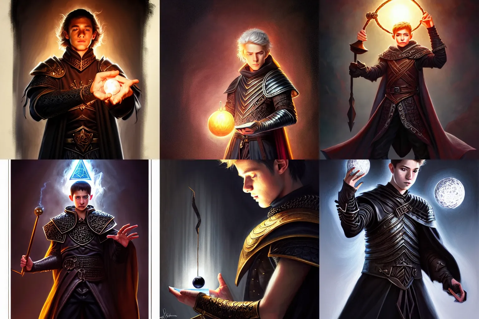 Prompt: young man, wizard, holding spell book, holding black ball, practicing spell, large room, intricate leather armor, D&D, fantasy, portrait, highly detailed, digital painting, trending on artstation, sharp focus, illustration, celshaded, art by artgerm and greg rutkowski and magali villeneuve