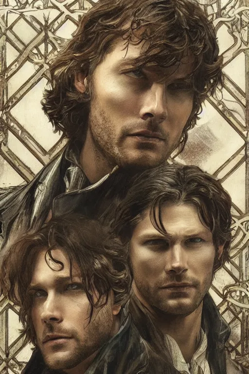 Prompt: a detailed matte portrait of jensen ackles and jared padalecki in a supernatural sherlock holmes story, 1 8 th century london in the rain, city streets, ominous, masterpiece, 8 k, art by alphonse mucha and greg rutkowski