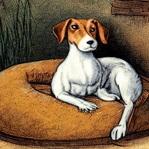 Prompt: portrait of jack russel terrier crying on the dog bed, illustrated by peggy fortnum and beatrix potter and sir john tenniel