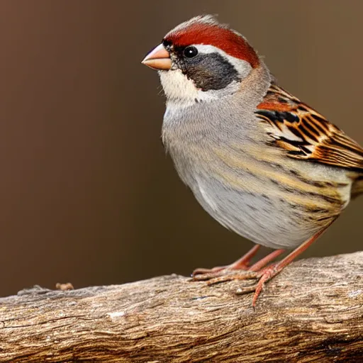 Image similar to a sparrow standing on a log, photograph, depth of field, sharp, detailed