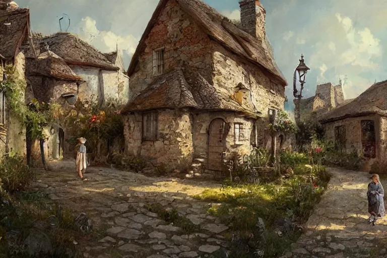 Image similar to adventurer _ _ _ _ _ _ 1 9 5 0 s _ retro _ old village in summer landscape _ muted _ colors. _ _ _ _ _ _ by _ jean _ baptiste _ monge